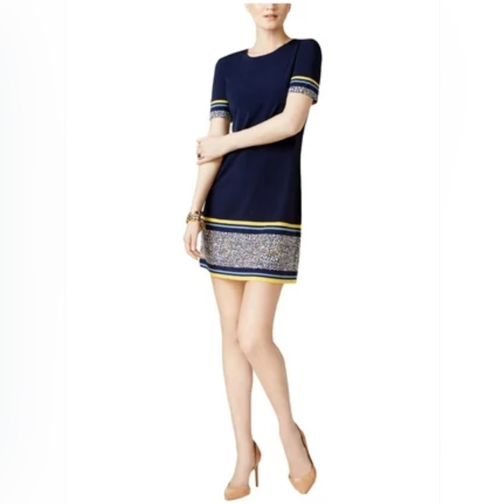 Michael Kors Celia Border Dress size XS Mid length navy blue yellow